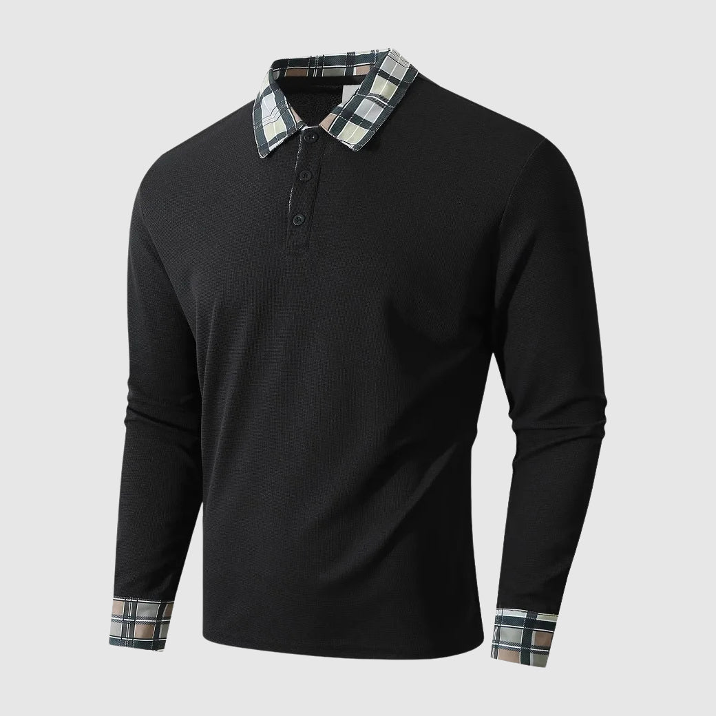 Ribbed Knit Plaid Collar Polo Shirt