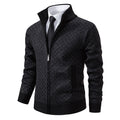 Men's Cardigan - Zipper & High Collar - Knitted with Pattern - Ribbed Edges & Front Pockets