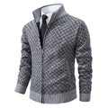 Men's Cardigan - Zipper & High Collar - Knitted with Pattern - Ribbed Edges & Front Pockets