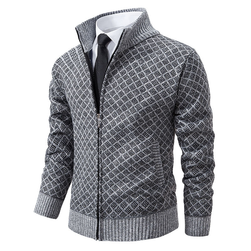 Men's Cardigan - Zipper & High Collar - Knitted with Pattern - Ribbed Edges & Front Pockets