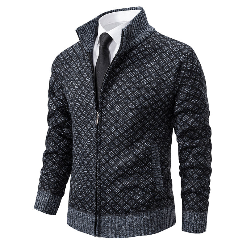Men's Cardigan - Zipper & High Collar - Knitted with Pattern - Ribbed Edges & Front Pockets