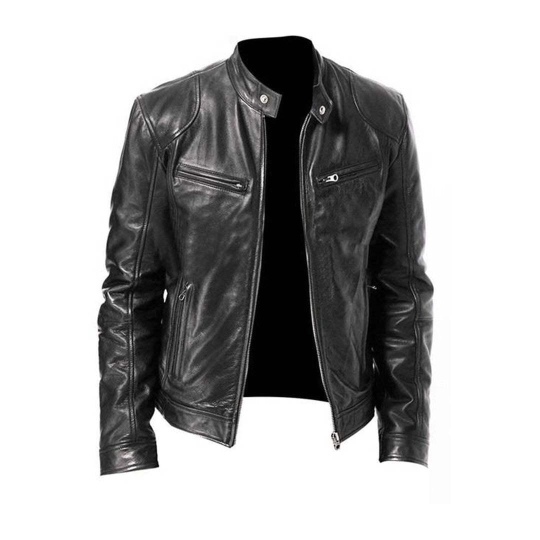 Leather Slim Fit Stand Collar Biker Jacket