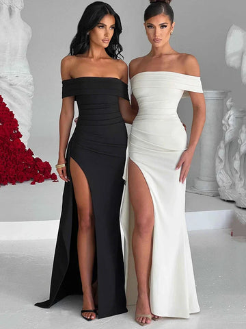 Off-Shoulder Fitted High Slit Evening Dress