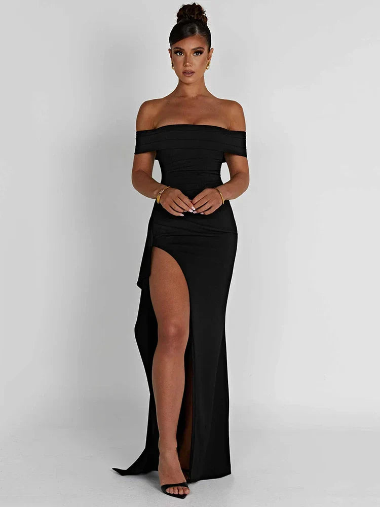 Off-Shoulder Fitted High Slit Evening Dress