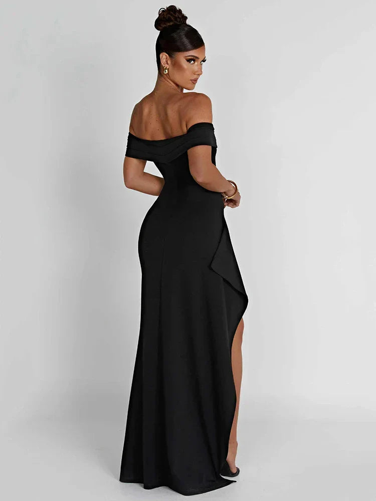 Women's Evening Dress - Off-Shoulder - Fitted - High Slit - Elegant Formal Look
