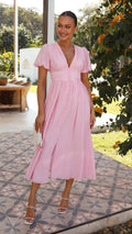 Women's Maxi Dress - V-neck - Buttons - Puff Sleeves - Elegant Long Dress