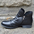 Women's Ankle Boots - Leather - Round Toe - Asymmetric Design - Low Heel - Side Zipper