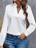 Women's Blouse - V-Neck with Mandarin Collar - Long-Sleeved - Elegant Loose Fit