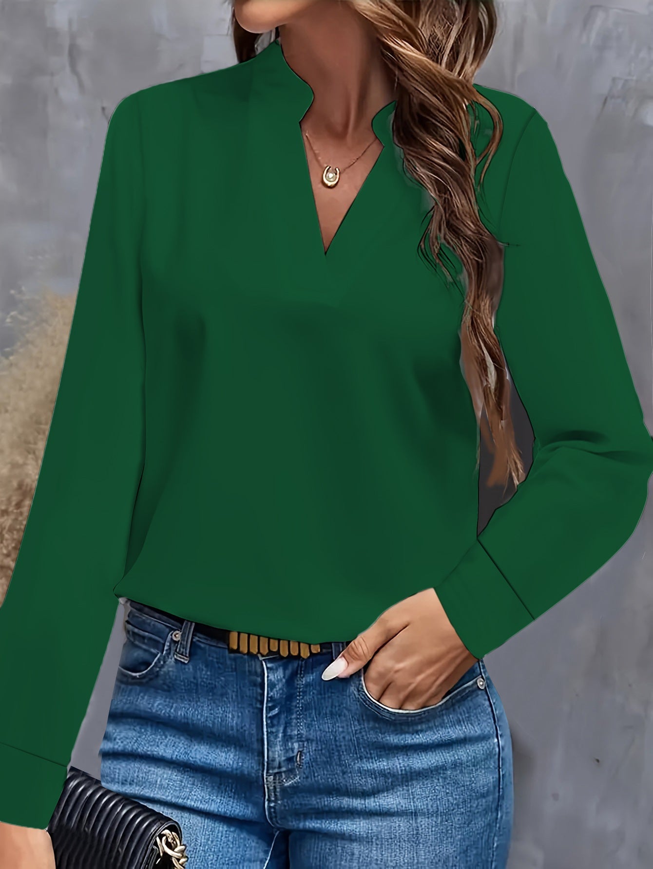 Women's Blouse - V-Neck with Mandarin Collar - Long-Sleeved - Elegant Loose Fit