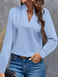 Women's Blouse - V-Neck with Mandarin Collar - Long-Sleeved - Elegant Loose Fit