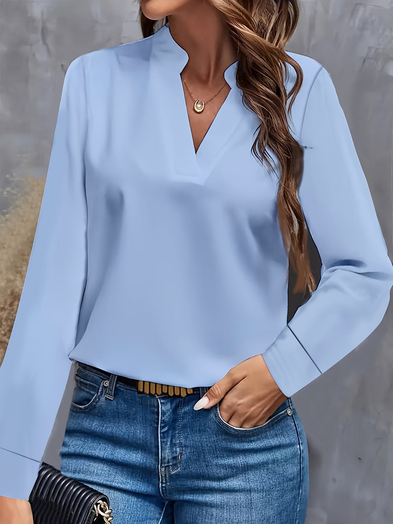 Women's Blouse - V-Neck with Mandarin Collar - Long-Sleeved - Elegant Loose Fit