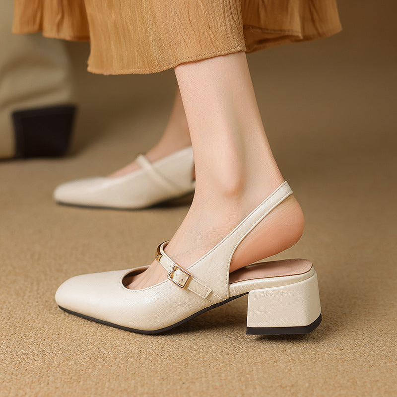 Women's Slingback Heels – Imitation Leather – Block Heel – Square Toe – Studded Strap