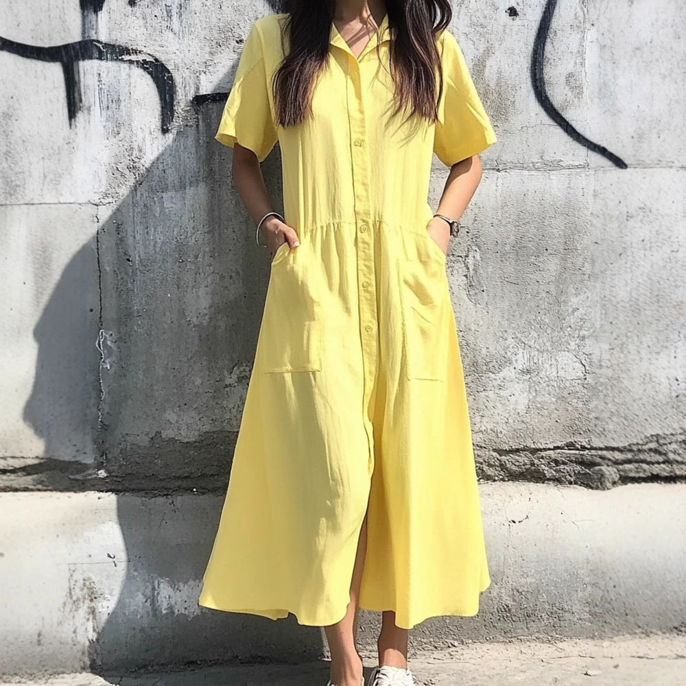 Cotton Blend Relaxed Button-Down Shirt Dress