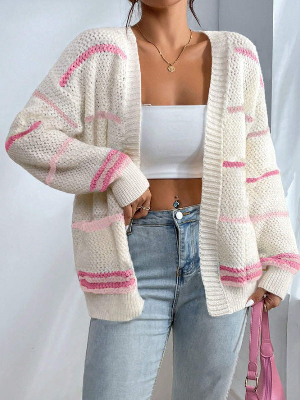 Women's Cardigan – Oversized Fit – Textured Knit with Stripes – Soft Ribbed Edge