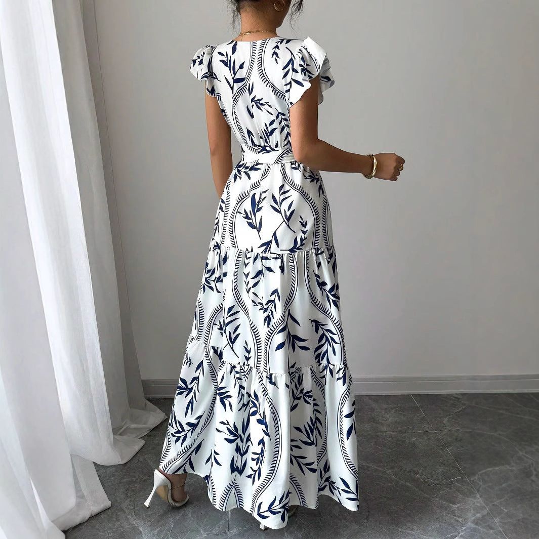 Bold Print Ruffle Shoulder Long Dress