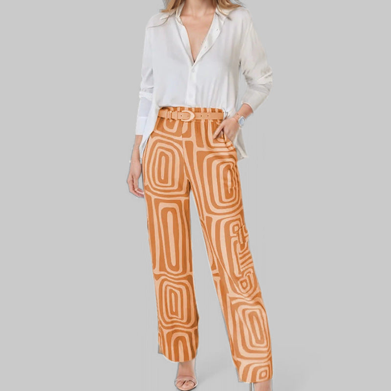 Women's Set with Blouse and Trousers – Cotton Blend – Loose Fit – Belt – Print Trousers