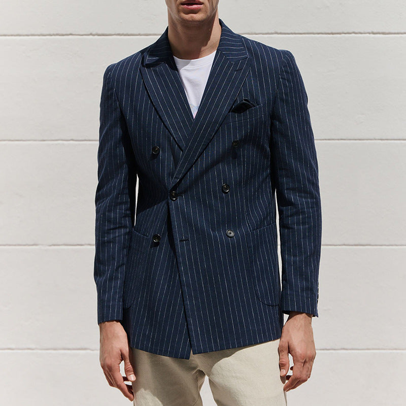 Double-Breasted Pinstripe Wool Blend Blazer