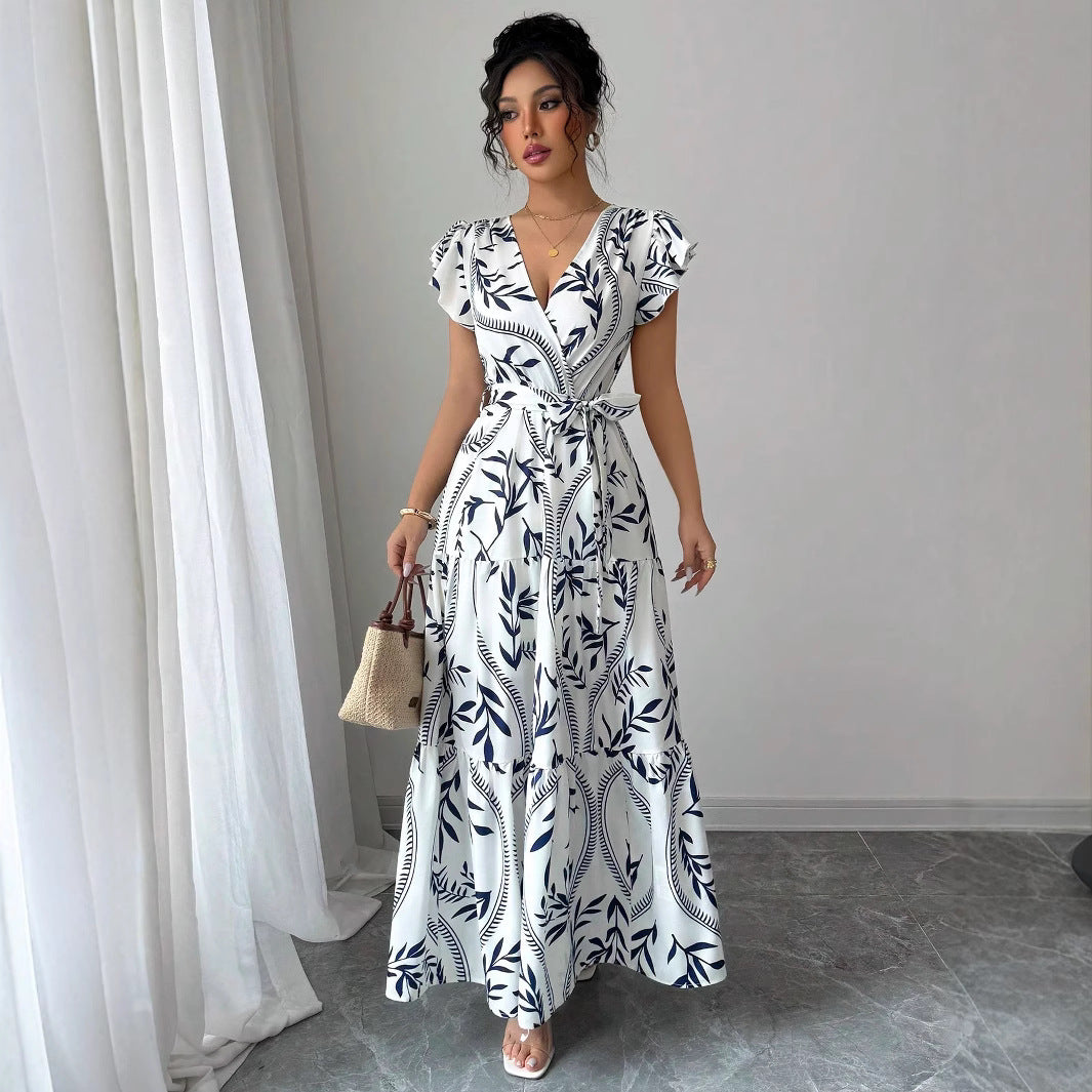 Bold Print Ruffle Shoulder Long Dress