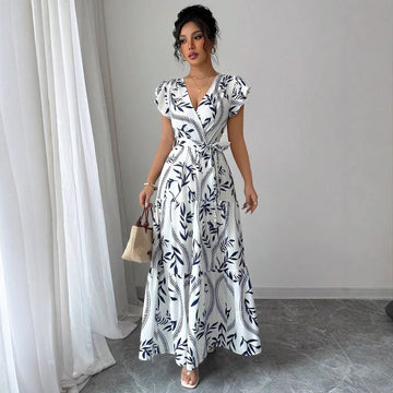 Bold Print Ruffle Shoulder Long Dress
