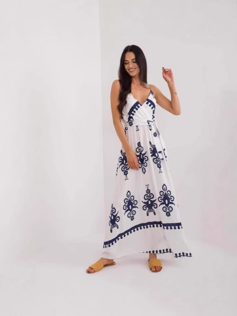 Women's Maxi Dress – Light Cotton – Sleeveless – V-Neck – Empire Waist – Printed Design