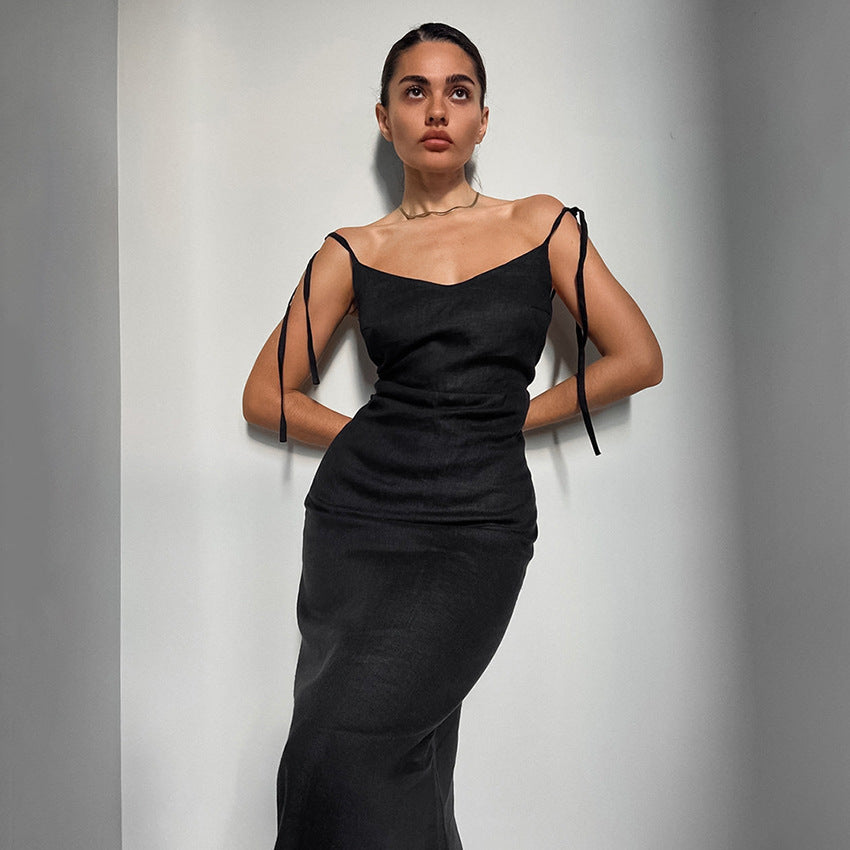 Women's Maxi Dress – Cotton Linen Mix – A-Line Fit – Adjustable Straps