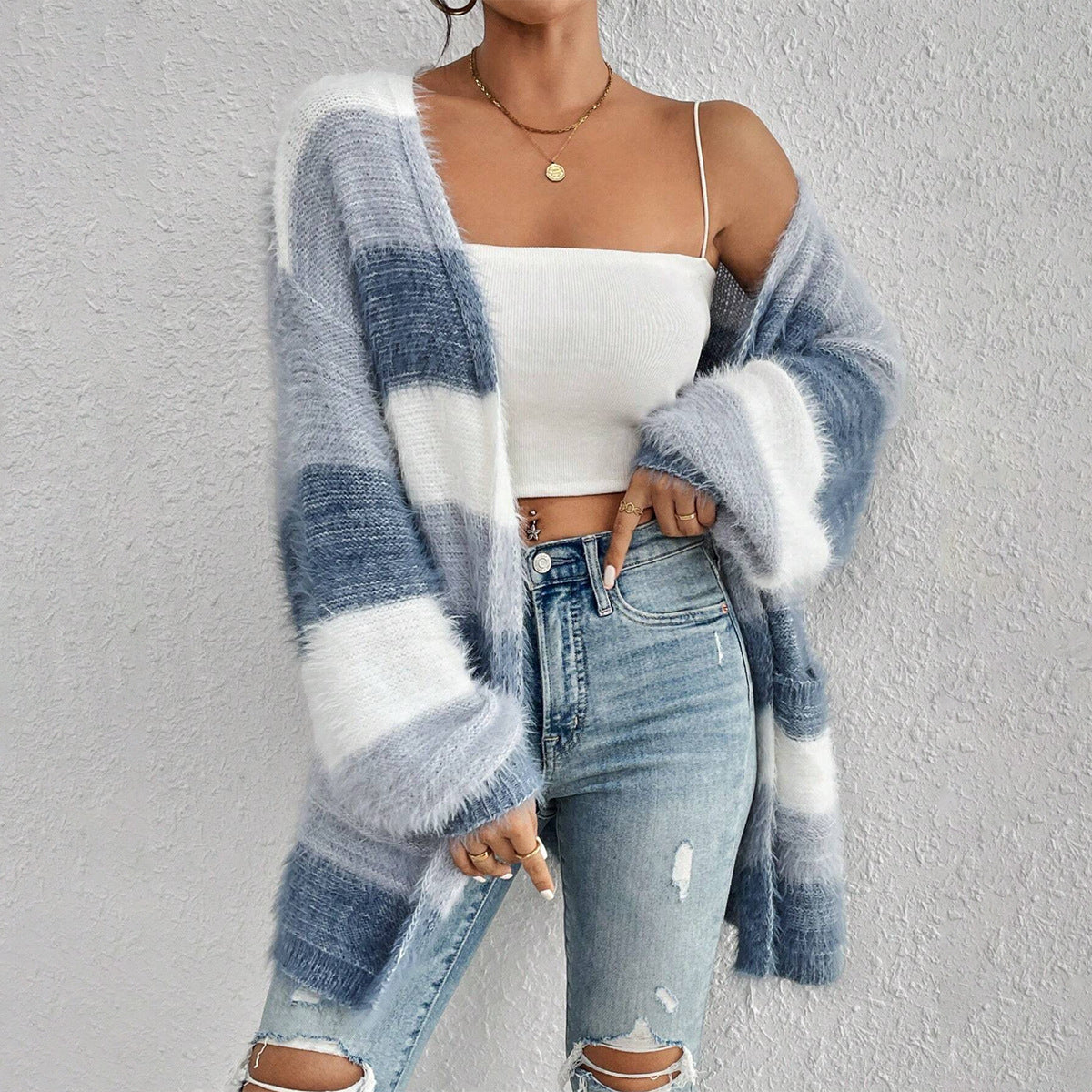 Women's Cardigan – Oversize Fit – Soft Fuzzy Knit – Long Sleeves Open Front – Striped