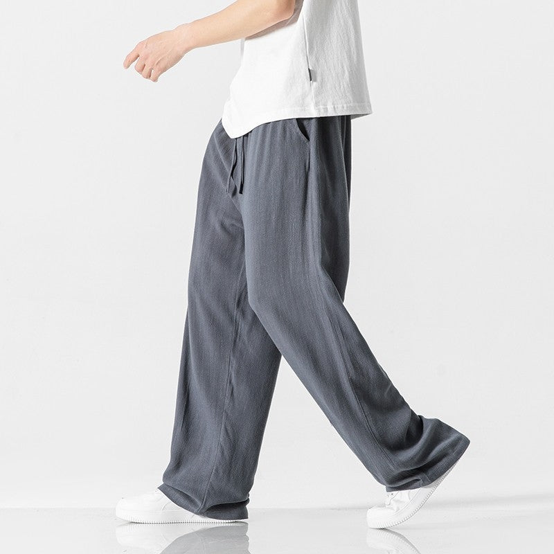 Men's Trousers – Linen Blend – Loose Fit – Drawstring Closure – Full Length
