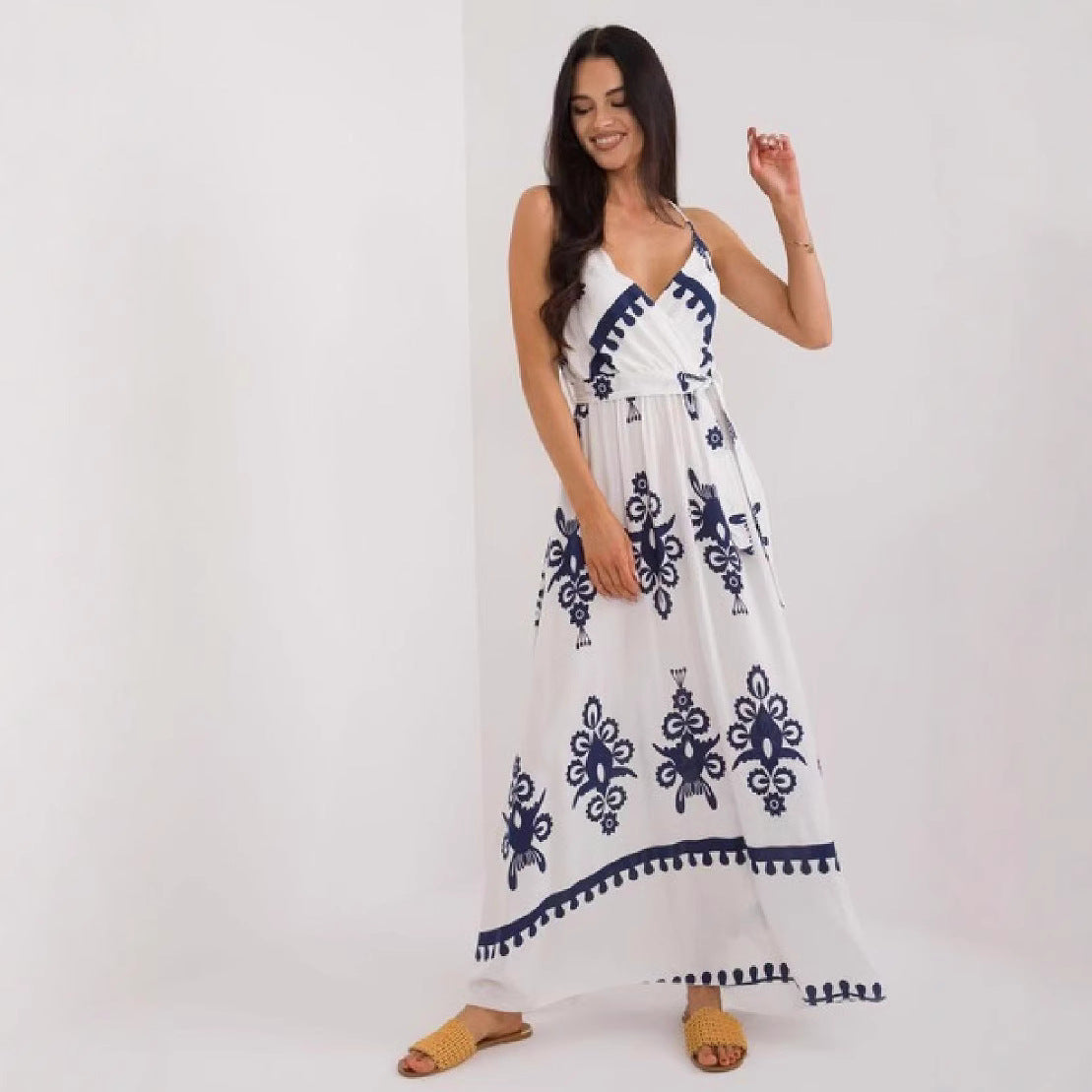 Women's Maxi Dress – Light Cotton – Sleeveless – V-Neck – Empire Waist – Printed Design