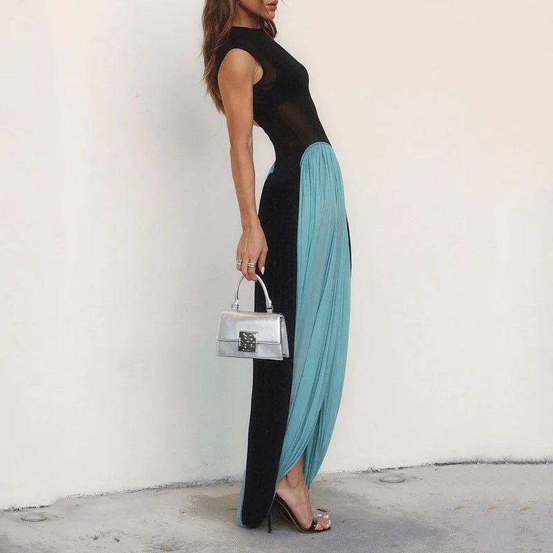 Women's Sleeveless Dress – Elegant Fit and Flare – Lightly Pleated Full Length