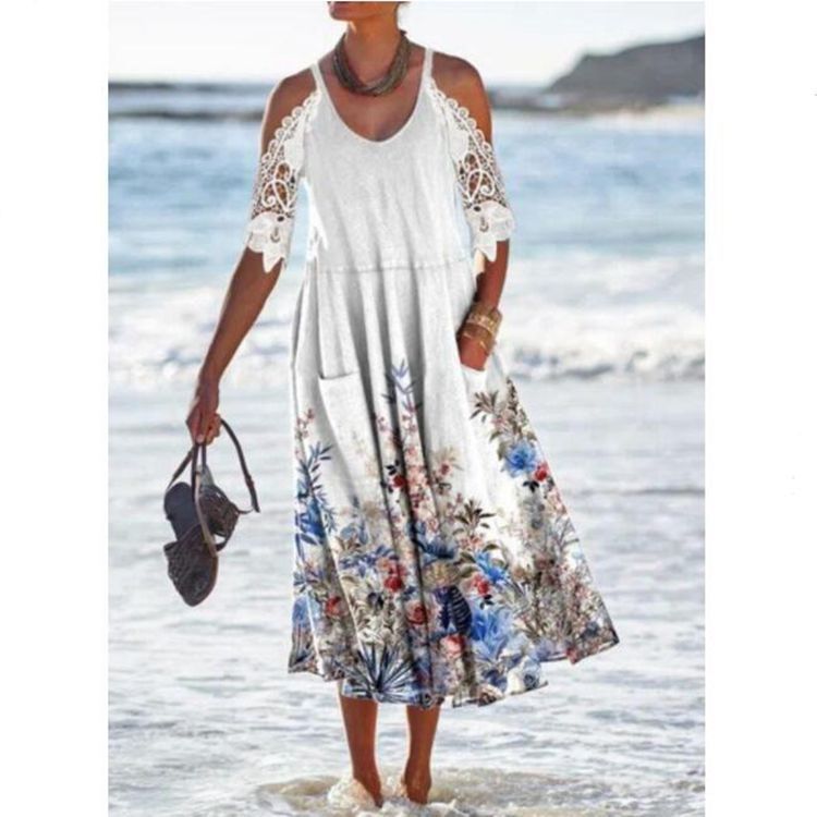 Floral Print Flowing Cold Shoulder Lace Maxi Dress