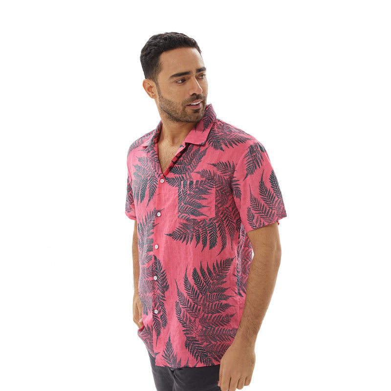 Men's Shirt with Short Sleeves – Relaxed Fit – Leaf Print – Light and Breathable