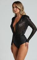 Women's Bodysuit – Slim Fit – Deep V-Neck – Long Sleeves – Sequin Partywear