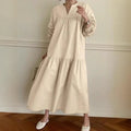 Women's Long Dress – Cotton Linen Mix – Oversize Fit – V-neck – Long Puff Sleeves