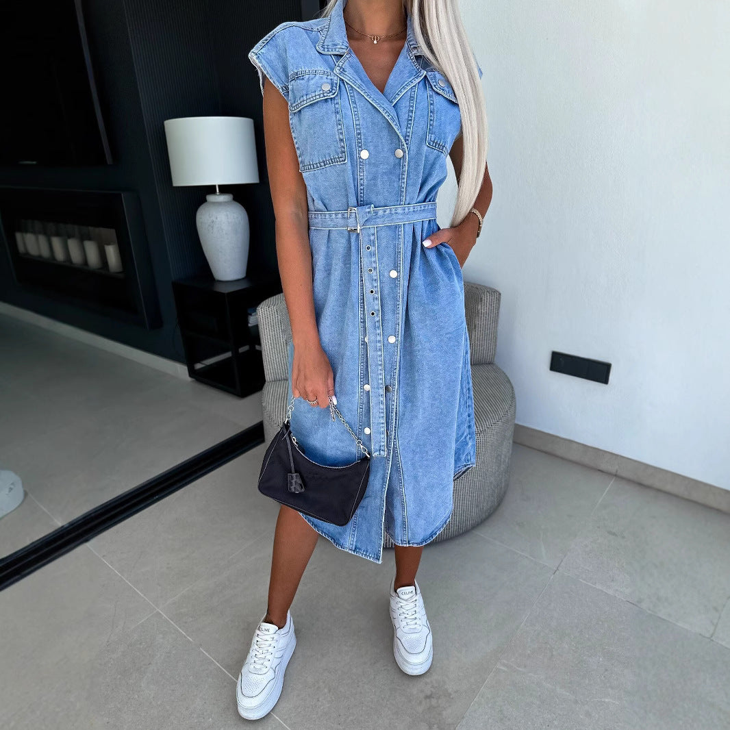 Sleeveless Tie Belt Denim Dress