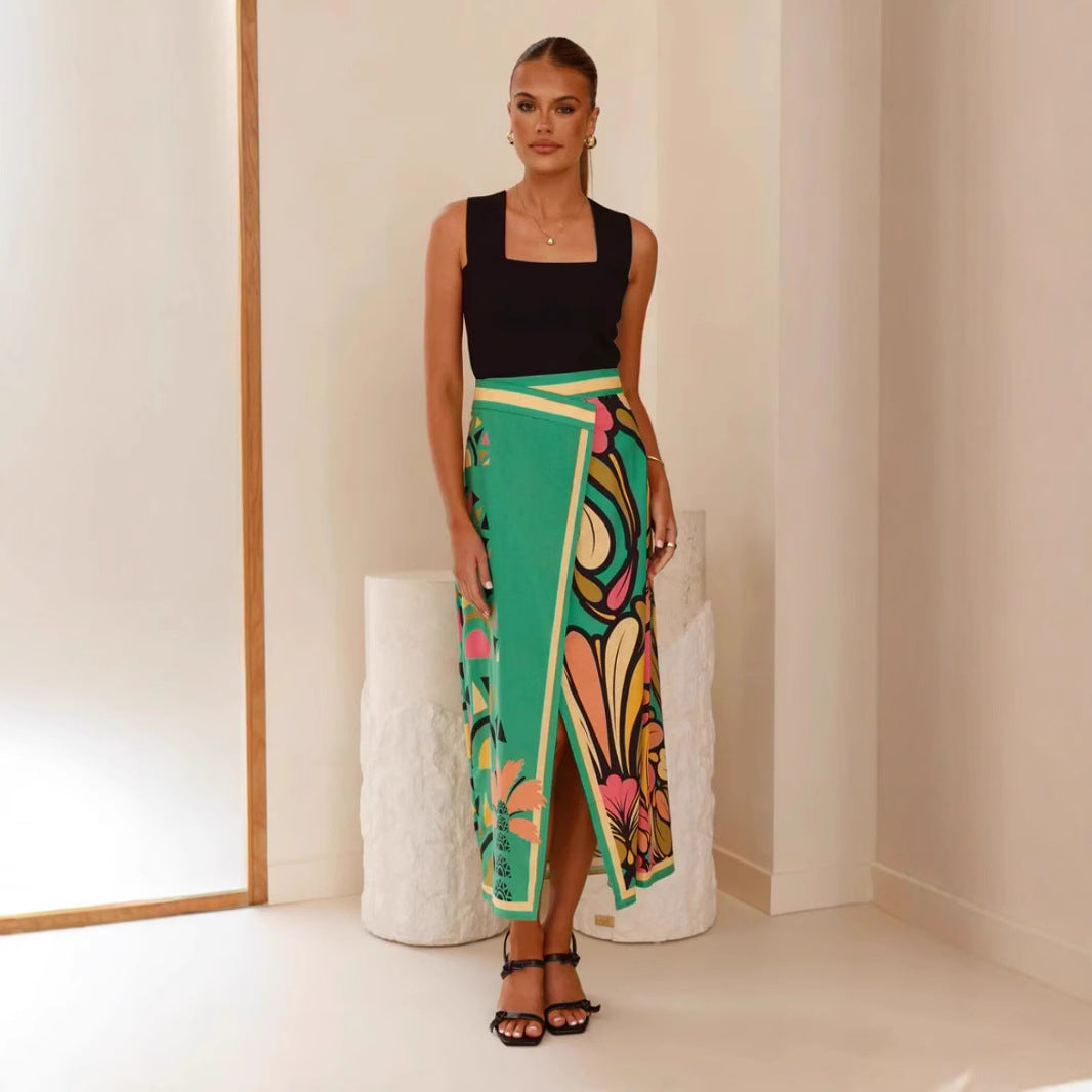 Abstract Print High-Waist Front Slit Midi Skirt