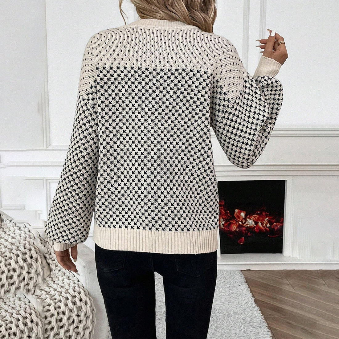 Wool Blend Oversized Geometric Knit Sweater