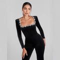 Ladies' Jumpsuit – Slim Fit – Velvet Material – Embellished Neckline – Long Sleeves