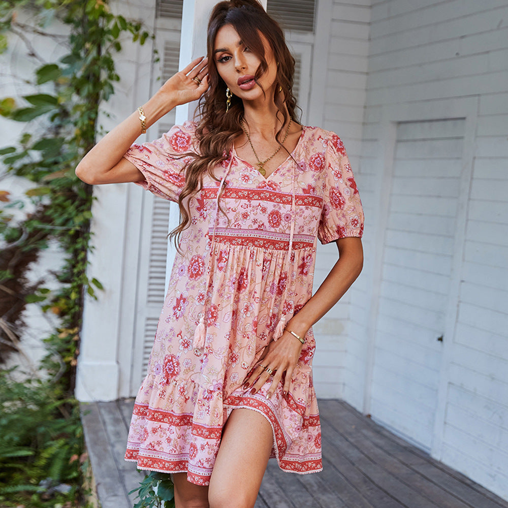 Cotton Floral Puff Sleeve A-line Mini Dress