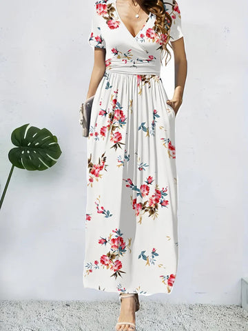 Floral Print Wrap A-Line Maxi Dress