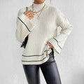 Women's Knit Sweater – Oversized Fit – Ribbed Texture – High Neck – Long Sleeves