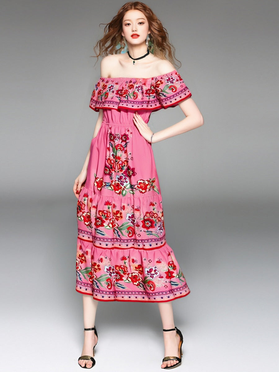 Women's Maxi Dress – Off-Shoulder – Floral Pattern – Ruched Bodice – Tiered Skirt