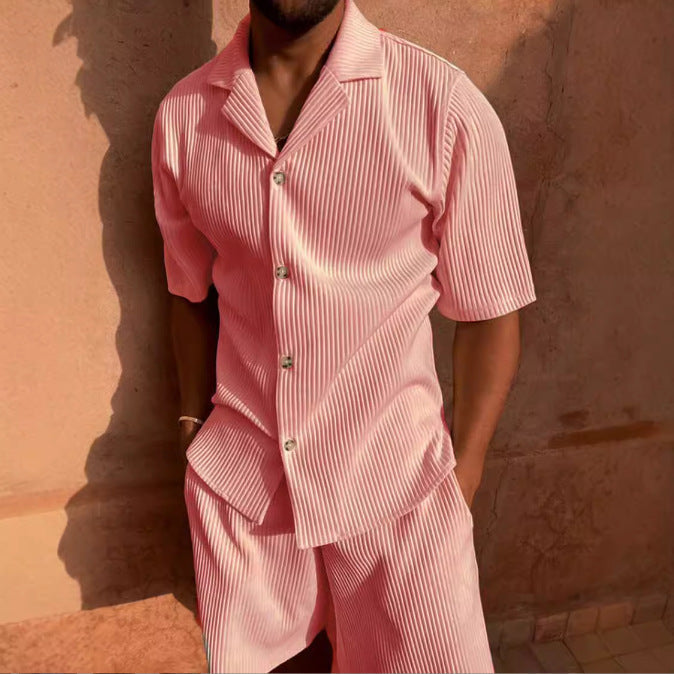 Men's Set – Relaxed Fit – Short-Sleeved Shirt and Shorts in Soft Velvet Texture