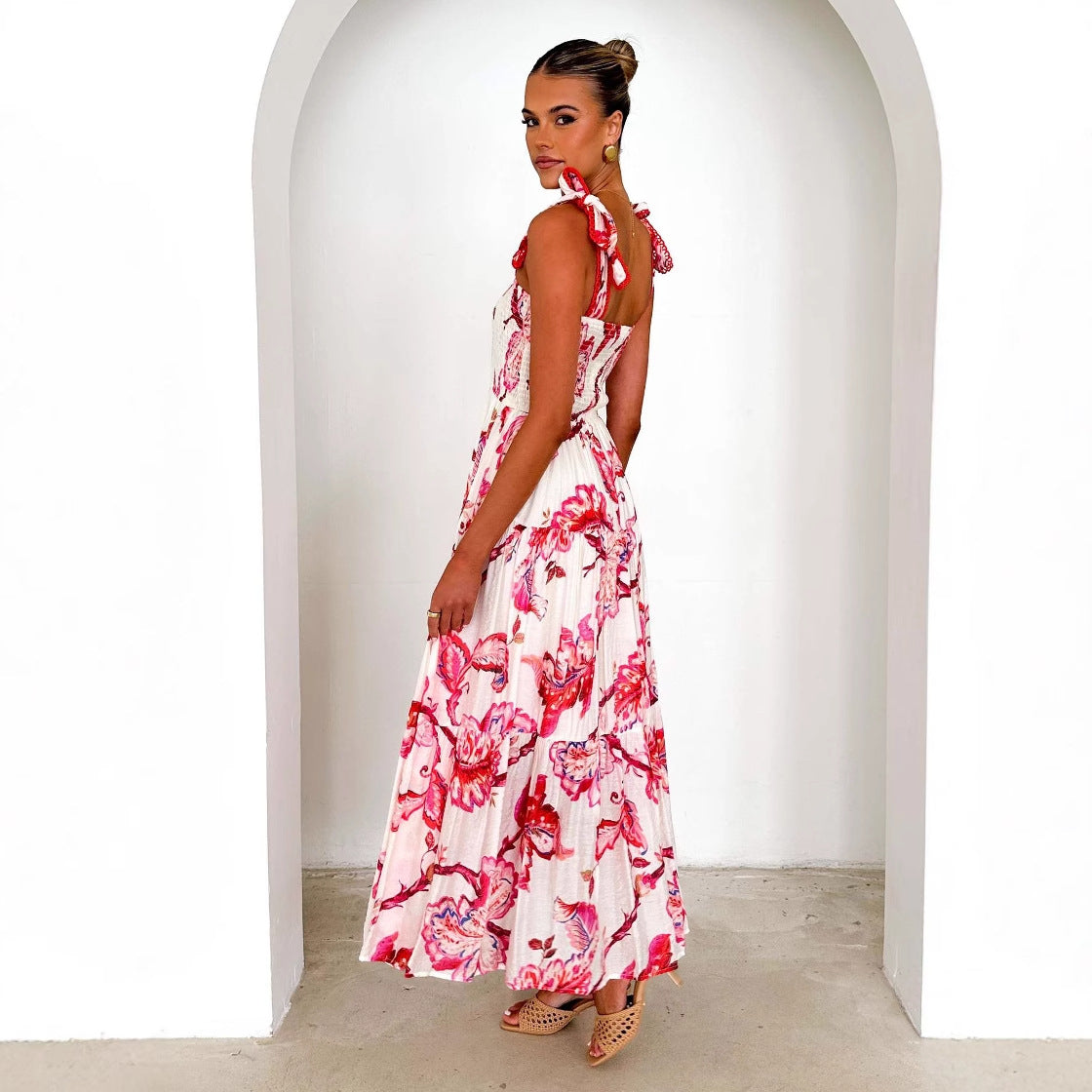 Women's Maxi Dress – Light Cotton – Shirred Bodice – Adjustable Straps – Floral Skirt