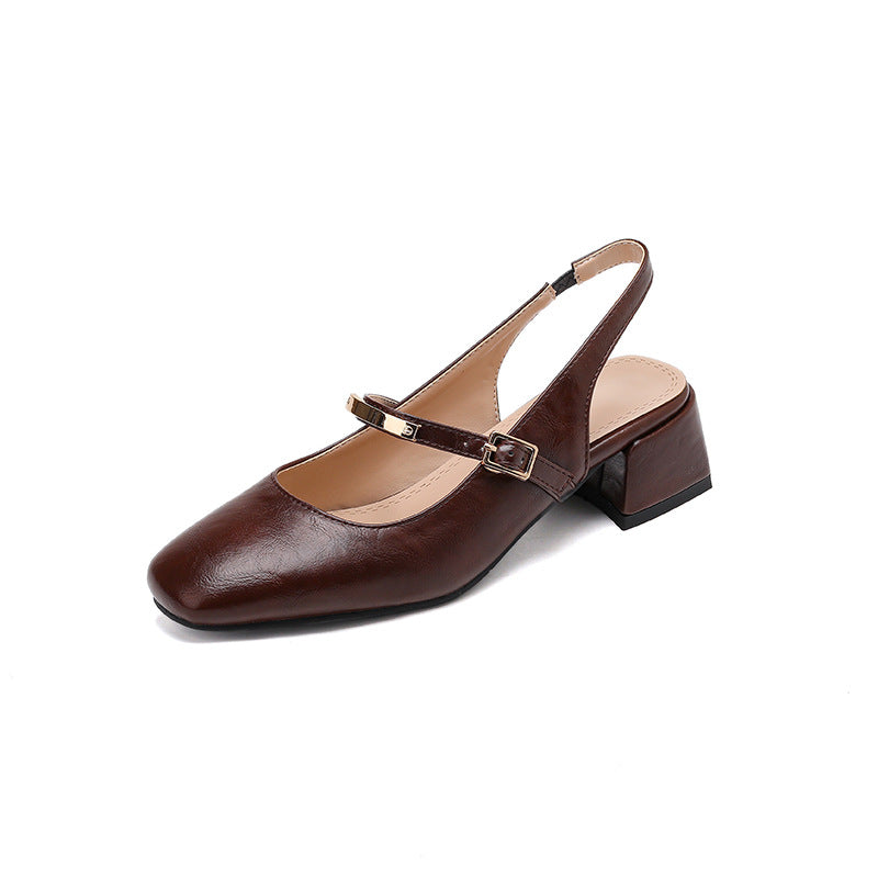 Women's Slingback Heels – Imitation Leather – Block Heel – Square Toe – Studded Strap