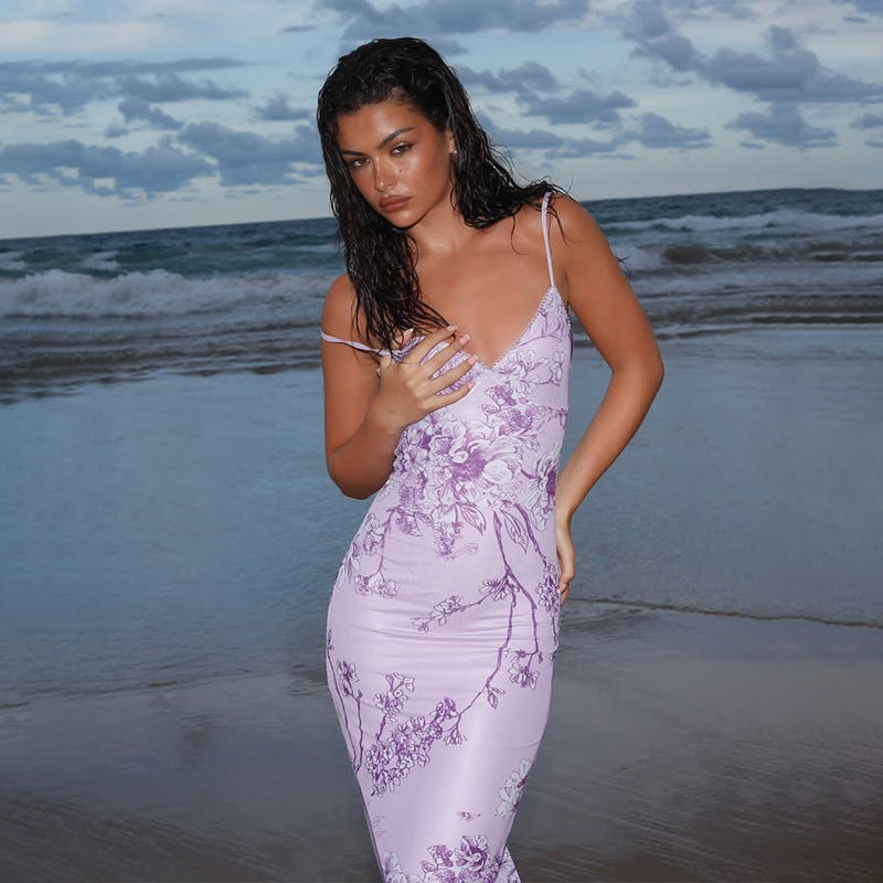 Women's Maxi Dress – Slim Fit – Satin Blend – V-Neck – Spaghetti Straps – Floral Pattern