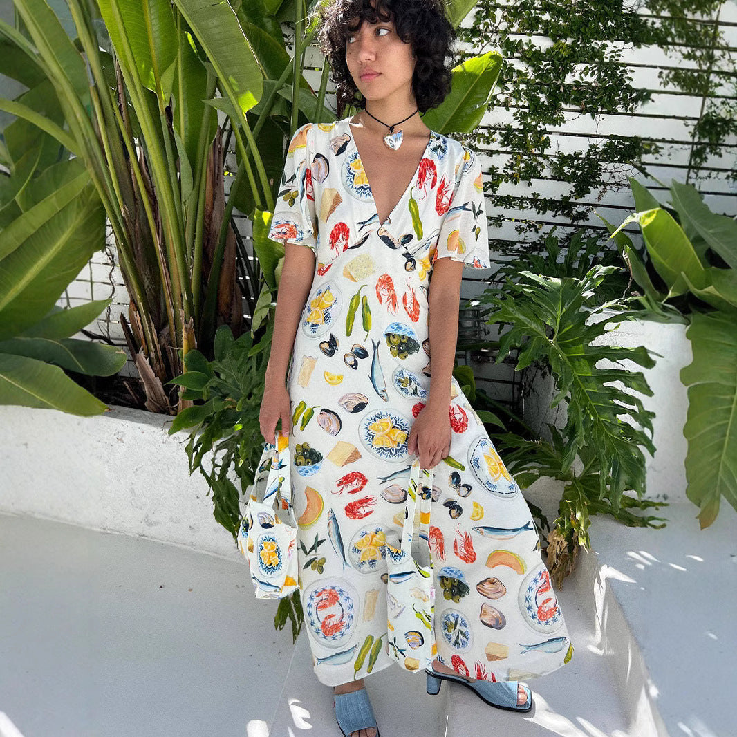 Linen Loose Fit V-Neck Short Sleeved Dress