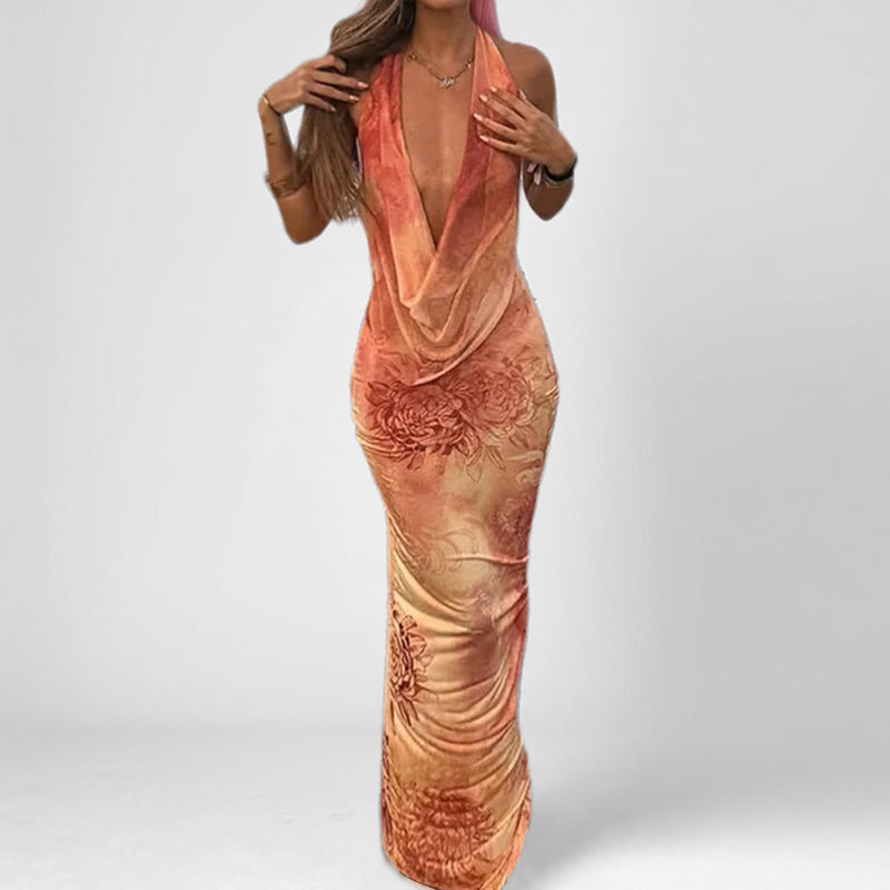 Dress for women – Halterneck – Slim fit – Satin look – Backless – Floral pattern – Ankle length