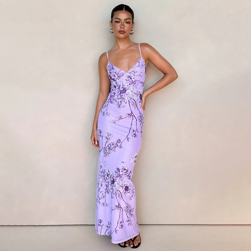 Satin Blend Slim Fit Floral Maxi Dress