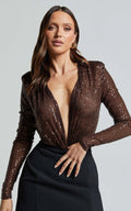 Women's Bodysuit – Slim Fit – Deep V-Neck – Long Sleeves – Sequin Partywear