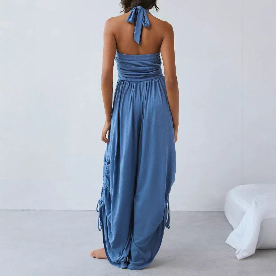 Halterneck Ruched Wide Leg Jumpsuit